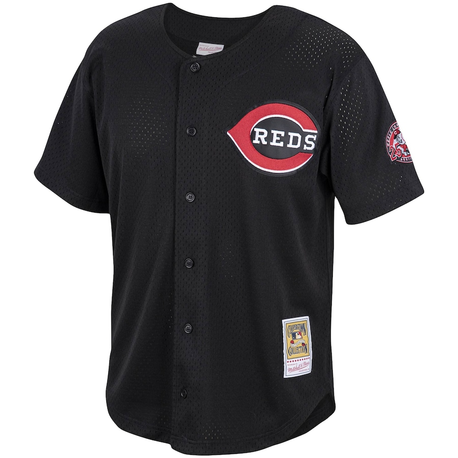CUSTOM NAME & NUMBER Cincinnati Reds Mitchell & Ness Cooperstown Collection Mesh Batting Practice Button-Up Jersey - Black